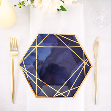 Elevate Your Table Setting with Navy Blue and Gold Hexagon Salad Paper Plates