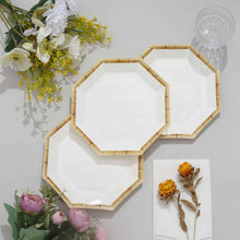 White Paper Plates With Bamboo Print Rim In Geometric Octagonal Shape
