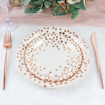 Make a Statement with White Metallic Rose Gold Polka Dot Dinner Paper Plates