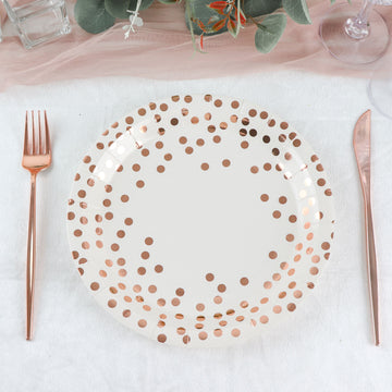 White Metallic Rose Gold Polka Dot Dinner Paper Plates - Add Elegance to Your Party