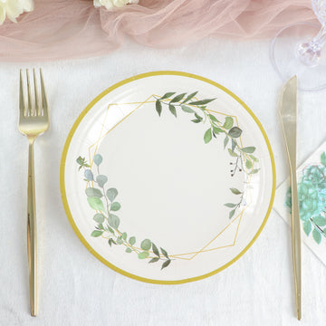 Elegant White Round Geometric Gold Rim Leaf Salad Paper Plates