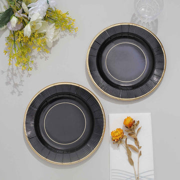 Elegant Black Sunray Gold Rimmed Dessert Appetizer Paper Plates