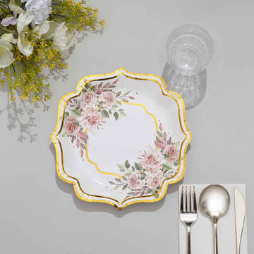 White / Gold Floral Scallop Rim Dessert Paper Plates