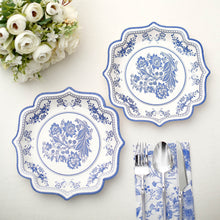 25 Pack White Blue 8inch Paper Dessert Plates With Chinoiserie Florals and Scalloped Rims