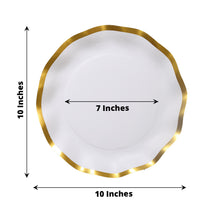 25 Pack | 10inch Matte White / Gold Wavy Rim Paper Dinner Plates, Disposable Round Party Plates