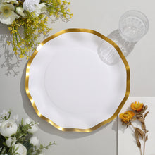 25 Pack | 10inch Matte White / Gold Wavy Rim Paper Dinner Plates, Disposable Round Party Plates