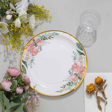 White Elegant Floral Design Gold Rim Paper Dinner Plates