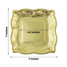 25 Pack Disposable Gold Square Shiny Metallic Pottery Embossed Scroll Edge Design 350 GSM Vintage Disposable Plates 7 Inch