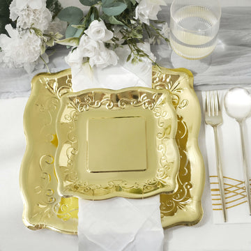 Create an Imperial Display with Gold Square Vintage Appetizer Dessert Paper Plates