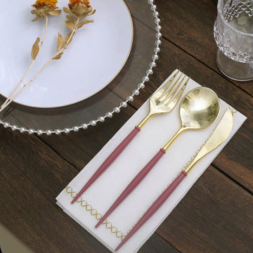 Elevate Your Table Setting with a Touch of Elegance: 24 Pack Metallic Gold With Cinnamon Rose Plastic Utensil Set