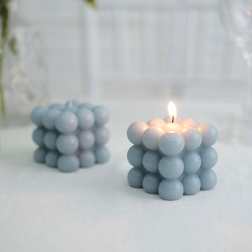 2 Pack Dusty Blue Bubble Cube Decorative Paraffin Wax Candle Set, Unscented Long Burning Pillar Candle Gift 2"