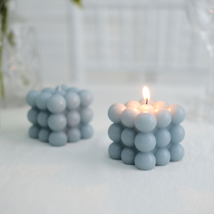 2 Pack Dusty Blue Bubble Cube Decorative Paraffin Wax Unscented Long Burning Pillar Candle Gift 2 Inch