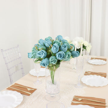 Elegant Dusty Blue Artificial Rose Bud Flower Bridal Bouquets