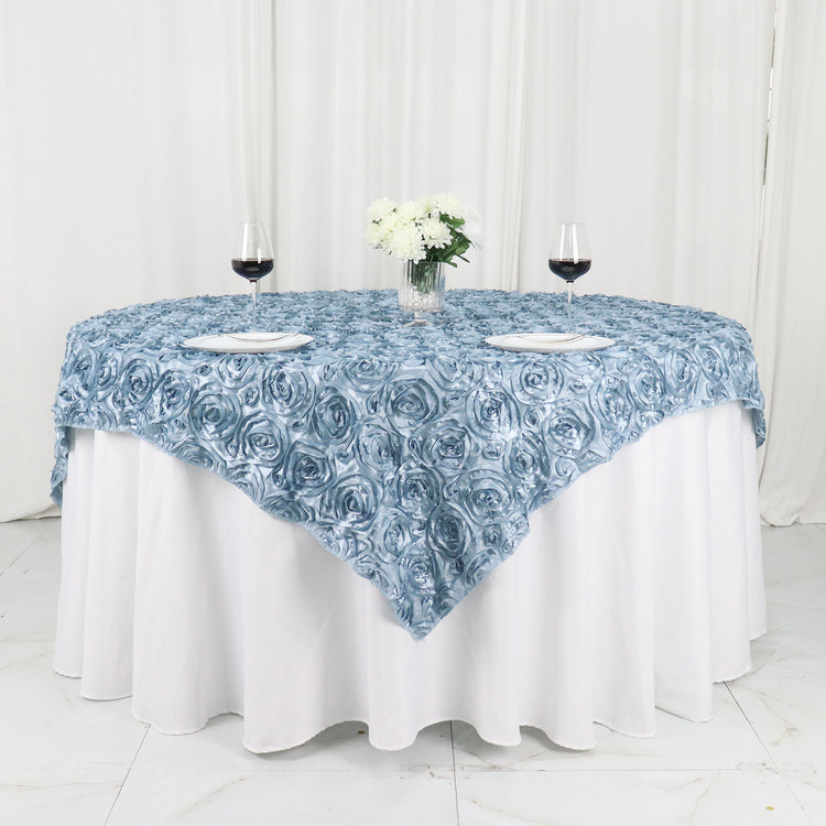 72 Inch x 72 Inch Square Dusty Blue Satin Table Overlay with 3D Rosette Design