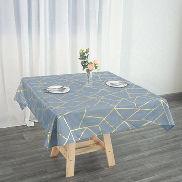 Dusty Blue Seamless Polyester Square Tablecloth With Gold Foil Geometric Pattern 54"x54"