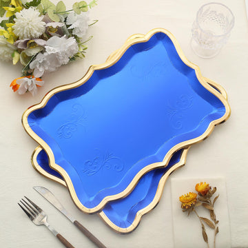 10 Pack Elegant Royal Blue / Gold Rim Disposable Serving Trays, Heavy Duty 400 GSM Paper Rectangular Party Platters 14"x10"