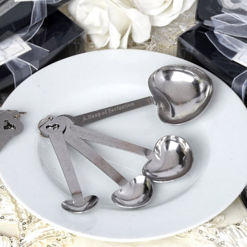 Set of 4 Engraved Silver Heart Measuring Spoon Wedding Party Favors Set, Free Gift Box & Thank You Tag Included