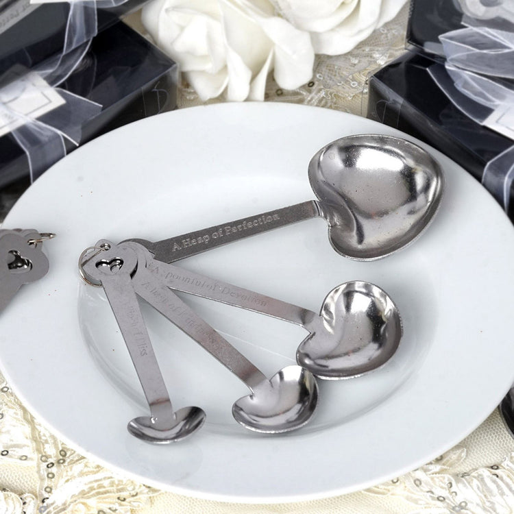 Engraved Silver Heart Wedding Party Favors Measuring Spoon Set With Free Gift Box & Thank You Tag