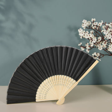 Black Asian Silk Folding Fans for Stylish Event Decor