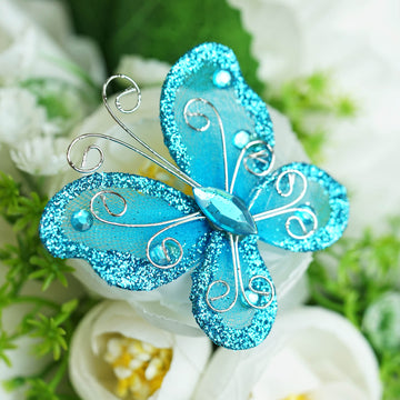 Turquoise Diamond Studded Wired Organza Butterflies for Every Occasion