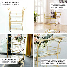 Gold Metal 3-Tier Bar Cart Mirror Serving Tray Kitchen Trolley, Teacart Island Trolley for Events