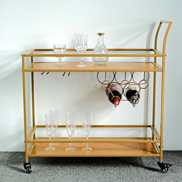 Gold Metal 2-Tier Bar Cart Wine Rack With Wooden Serving Trays, Kitchen Trolley with 5 Wine Bottles and 2 Wine Glass Holder Rack for Events - 3ft