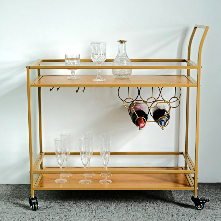 Gold Metal 2-Tier Bar Cart Wine Rack With Wooden Serving Trays, Kitchen Trolley with 5 Wine Bottles