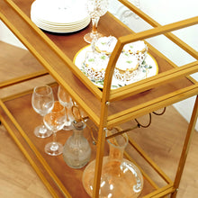 Gold Metal 2-Tier Bar Cart Wine Rack With Wooden Serving Trays, Kitchen Trolley with 5 Wine Bottles