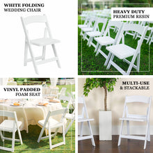 White Resin Folding Chair With Vinyl Padded Seat For Weddings, Indoor or Outdoor