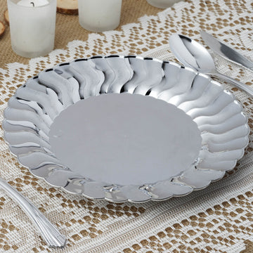 12 Pack Flared Rim Silver Plastic Dinner Plates, Round Disposable Party Plates 9"
