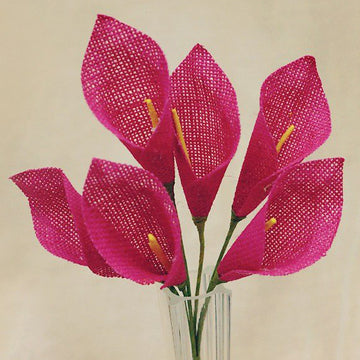 6 Bushes 36 Pcs Fuchsia Burlap Calla Lily Flowers 12"