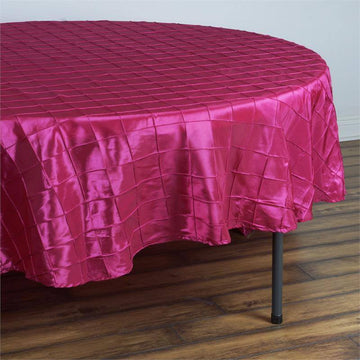 Add Elegance to Your Event with the Fuchsia Pintuck Taffeta Round Seamless Tablecloth 90''