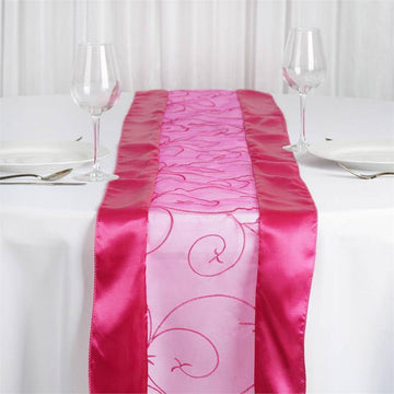 Elevate Your Table Setting with the Fuchsia Satin Embroidered Sheer Organza Table Runner