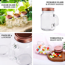 4 Pack Clear Rustic Design Glass Mason Jars 4 oz with Handles and Rose Gold Screw On Lids