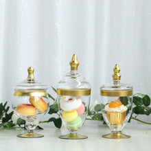 Gold Trimmed Clear Glass Candy Jars with Snap On Lids 9 Inch 9 Inch 8 Inch 3 Set