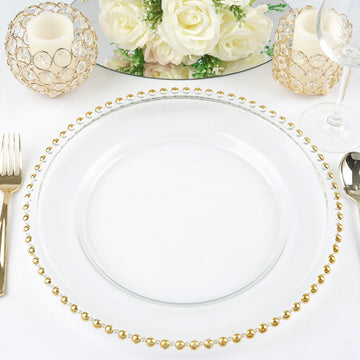 Elegant Gold Beaded Round Glass Charger Plates for Stunning Table Decor