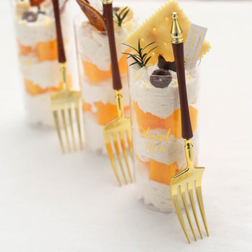 24 Pack Gold / Brown Plastic Dessert Forks With Roman Column Handle, European Style Disposable Utensil 6"