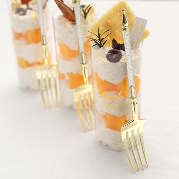 24 Pack Gold / Clear Glittered Plastic Dessert Forks With Roman Column Handle, European Style Disposable Utensil 6"