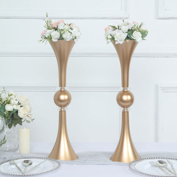 2 Pack Gold Crystal Embellishment Trumpet Table Centerpiece, Reversible Plastic Flower Vase 21"