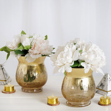 Add Elegance to Your Space with the Gold Curvy Bell Shaped Crackle Glass Hurricane Vase