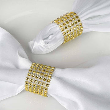 10 Pack Gold Diamond Rhinestone Napkin Rings, Chair Sash Velcro Brooch Buckle