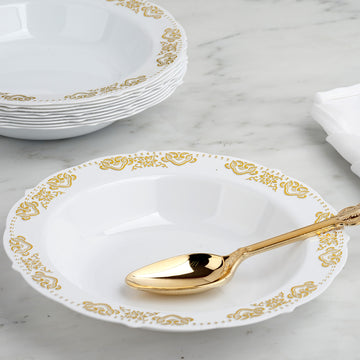 10 Pack Gold Embossed White Disposable Plastic Soup Bowl - Round With Scalloped Edges 12oz