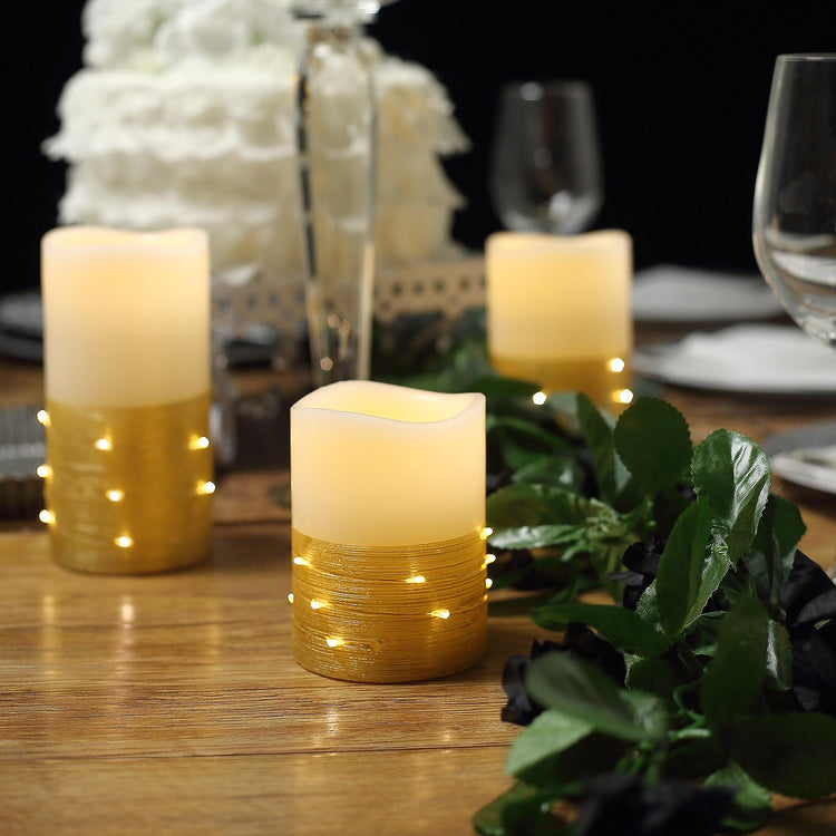 Set of 3 Gold Flameless LED Remote & Battery Operated Pillar Candles Wrapped with Fairy String Lights 4 Inch 5 Inch 6 Inch