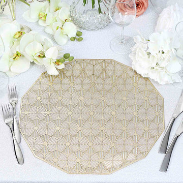 6 Pack Gold Geometric Woven Vinyl Placemats, Non-Slip Dining Table Mats 15"