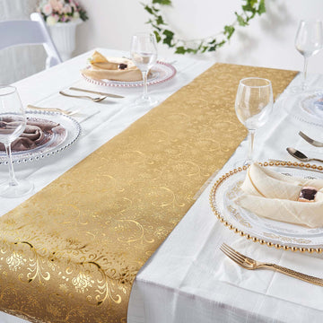 Gold Glamorous Vintage Floral Table Runner, Disposable Paper Table Runner 9ft