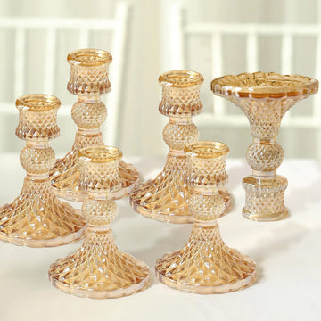 6 Pack Amber Gold Glass Diamond Pattern Taper Candlestick Holders, Reversible Crystal Pillar Votive Candle Stands 4"