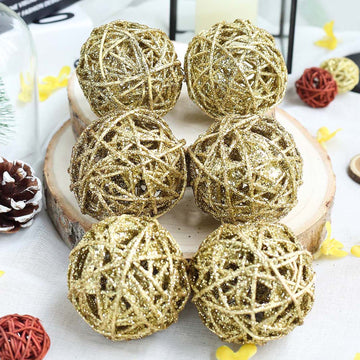 6 Pack Gold Glittered Handmade Twine Ball Vase Fillers, DIY Craft Wicker Balls 3"