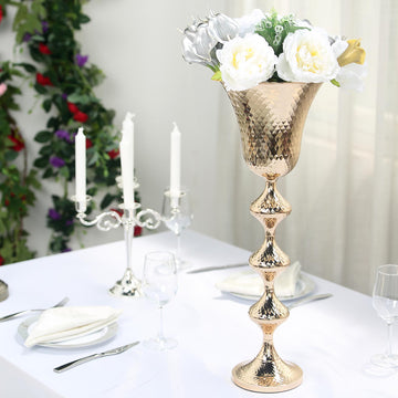 Gold Hammered Metal Trumpet Flower Stem Vase, Table Centerpiece 24"
