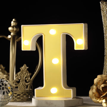 Gold 3D Marquee "T" Letters - Warm White 5 LED Light Up Letters 6"