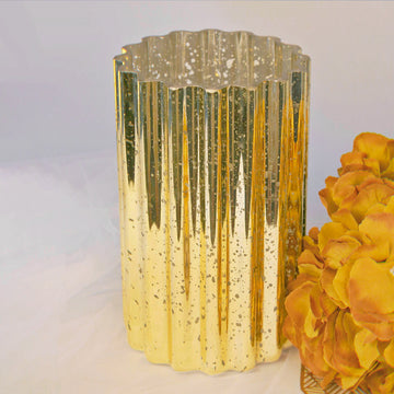 Gold Mercury Glass Hurricane Candle Holder, Cylinder Pillar Vase - Wavy Column Design 9"